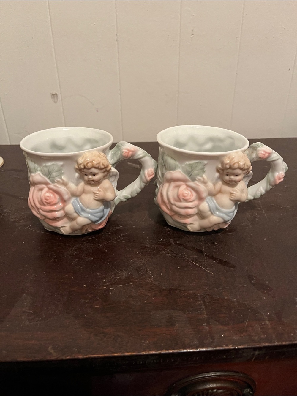 Avon Cherub and Rose Ceramic Mugs - Pair (White with Pink and Blue)